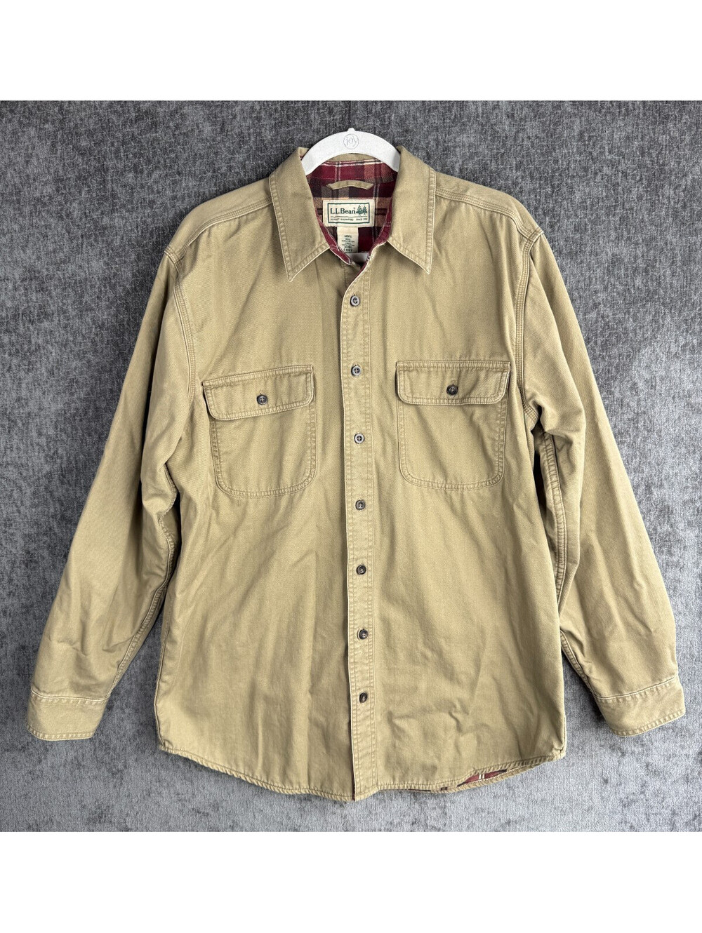 LL Bean Flannel Lined Work Shirt Mens Medium Tan Cotton Plaid Lining 278634